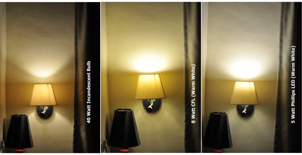Comparison of 40W Incandescent bulb (left); 8Watt Warm White CFL (center); 5Watt LED (warm white).