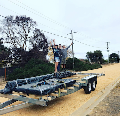Bree and Lucas DIY Tiny House Builders Inspo Candid Tiny House Podcast trailer pick up day